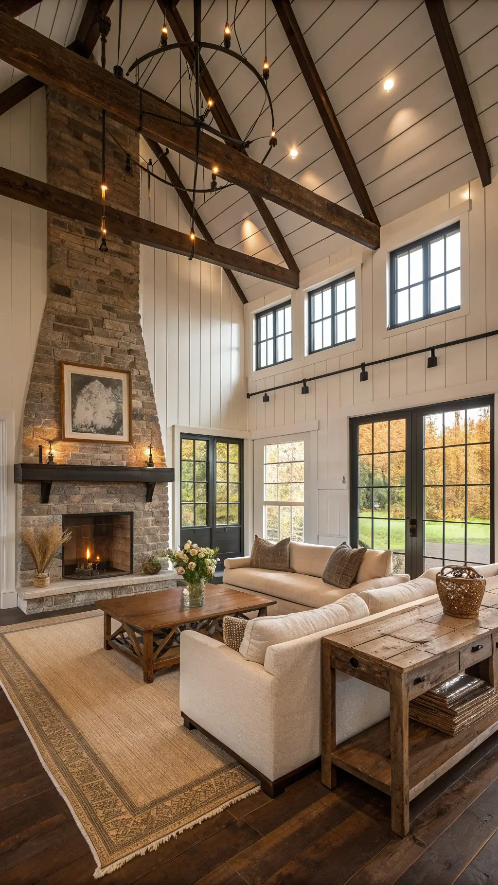 "Barn-style living room with vaulted ceilings, shiplap walls, exposed beams, and a stone fireplace at golden hour, lit by natural light through black framed windows."