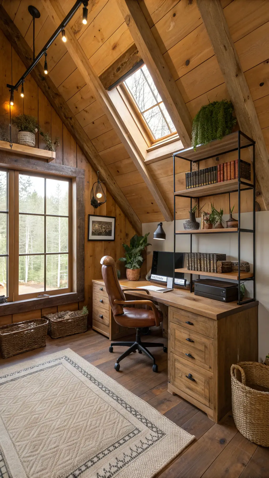 2111barn style loft office honey pine rafters