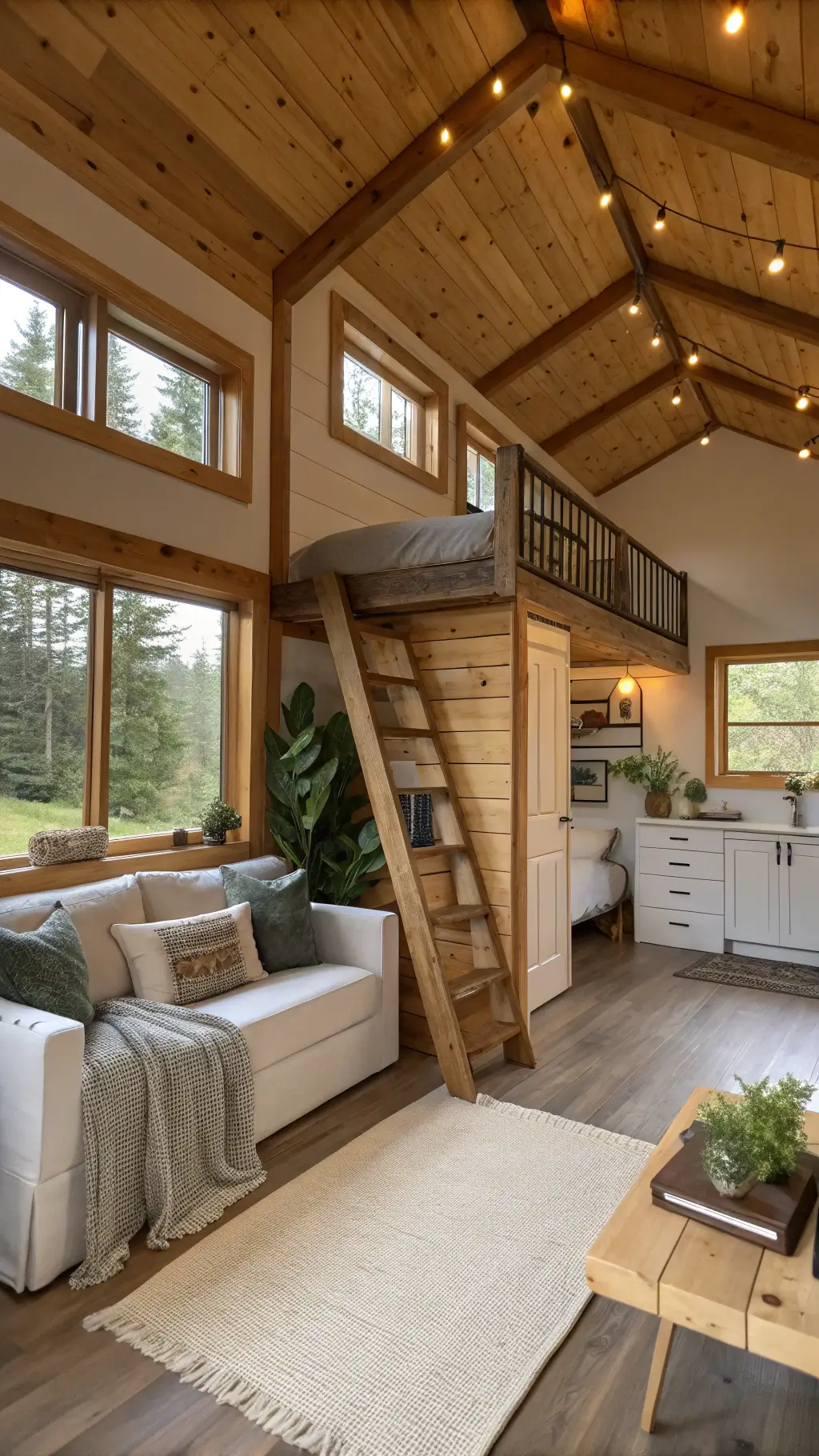 Photorealistic interior of a cabin loft with a high wooden beam ceiling, floating oak stairs, and a loft bed area with white linens. The open living space features a grey sofa and wooden coffee table, with light streaming through large windows.