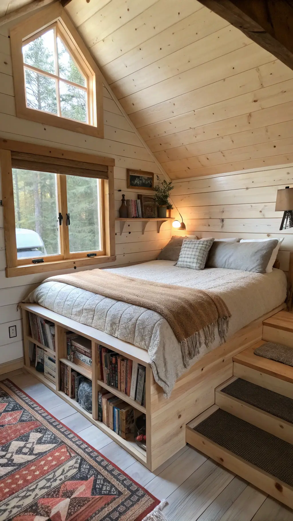 Loft bedroom in intimate cabin with cedar beams, queen platform bed, storage cubbies, and layered textiles in a warm, earthy color palette, bathed in soft afternoon light from a skylight.