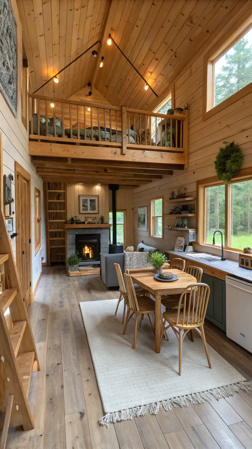 Open-concept multifunctional cabin interior featuring convertible dining table, kitchen alcove with hand-thrown ceramics, living area with wall-mounted fireplace, and loft space, decorated in warm whites, natural wood, and sage green accents.