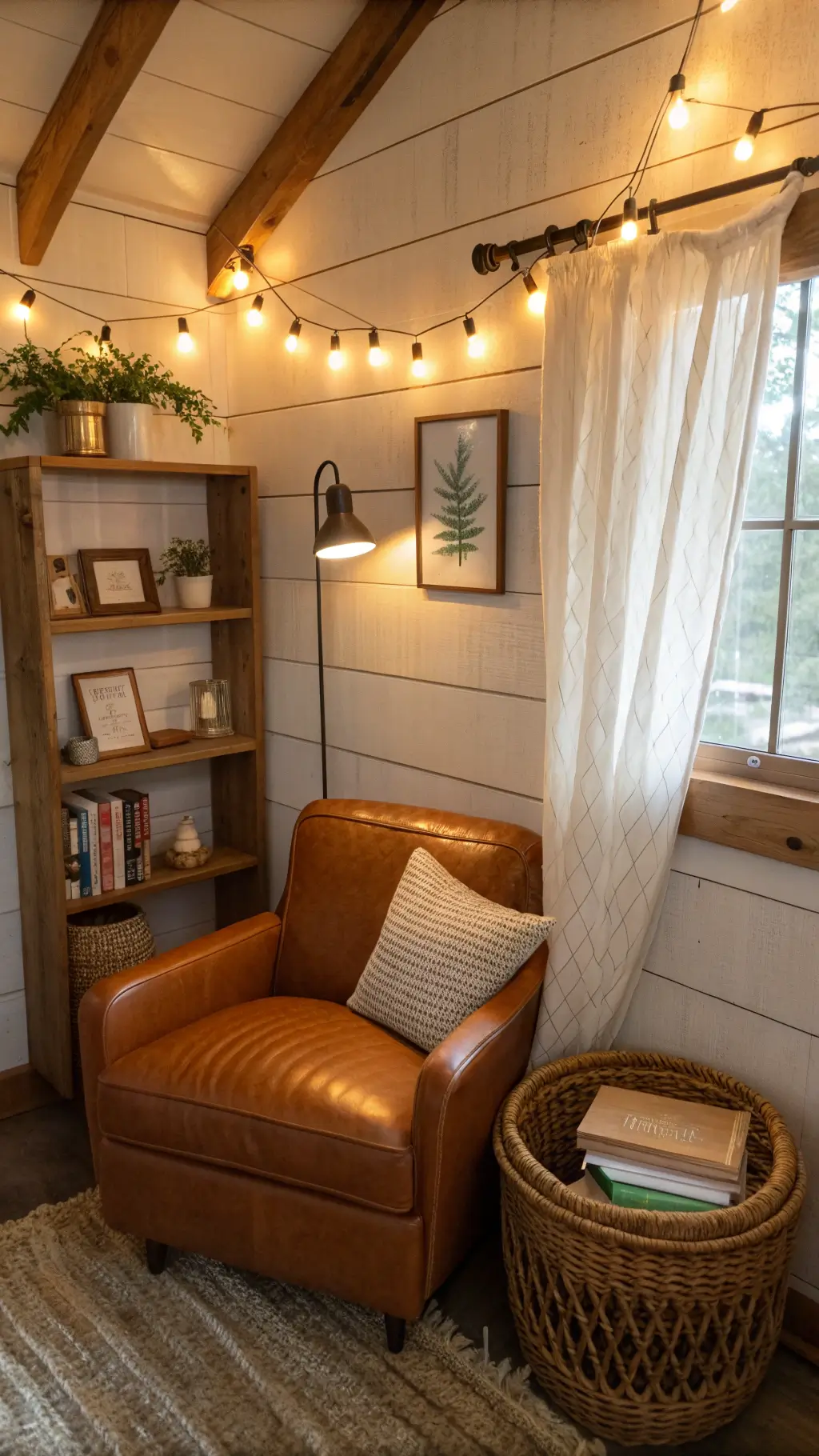 Cozy reading nook in a cabin loft with warm lighting, caramel leather armchair, vintage books on walnut shelf, botanical prints, and various textures