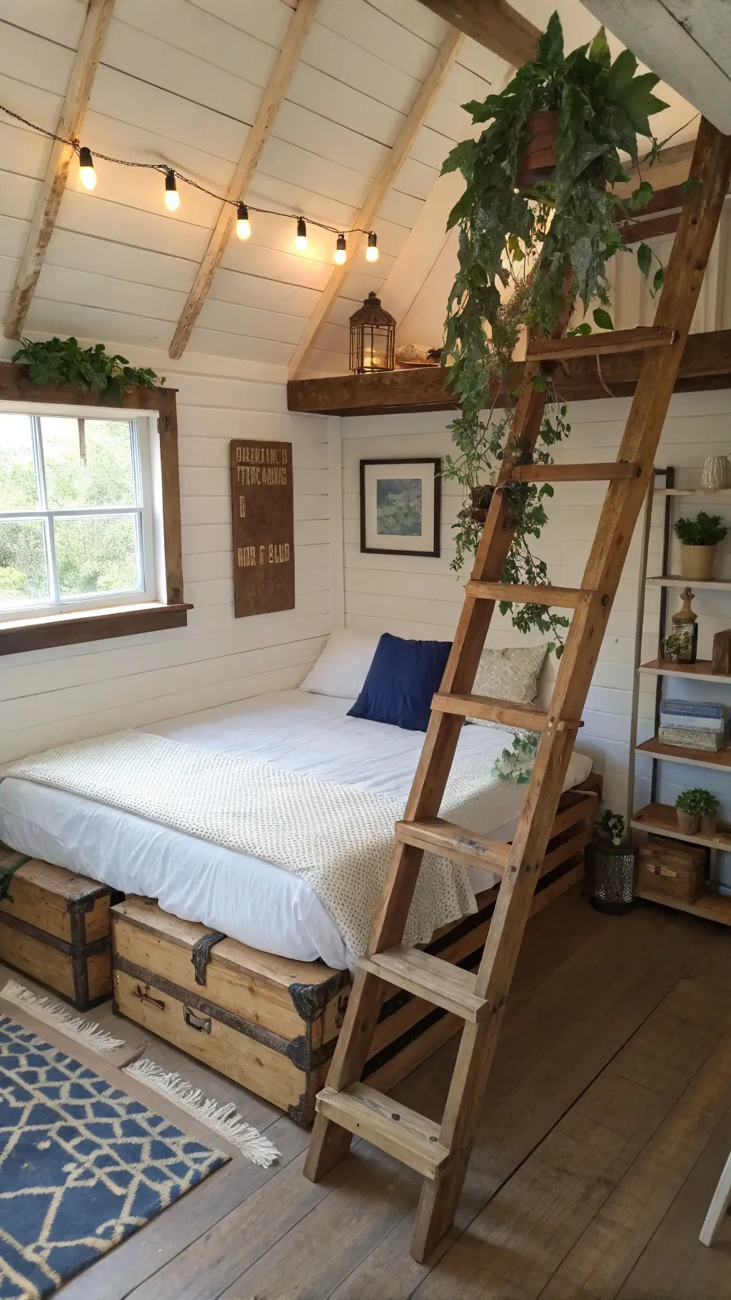Cabin loft bedroom with DIY pine shelves, platform bed from recycled pallets, thrifted suitcases for storage, mason jar pendant lights, macramé plant hanger with ivy, curated gallery wall, and vintage indigo accents