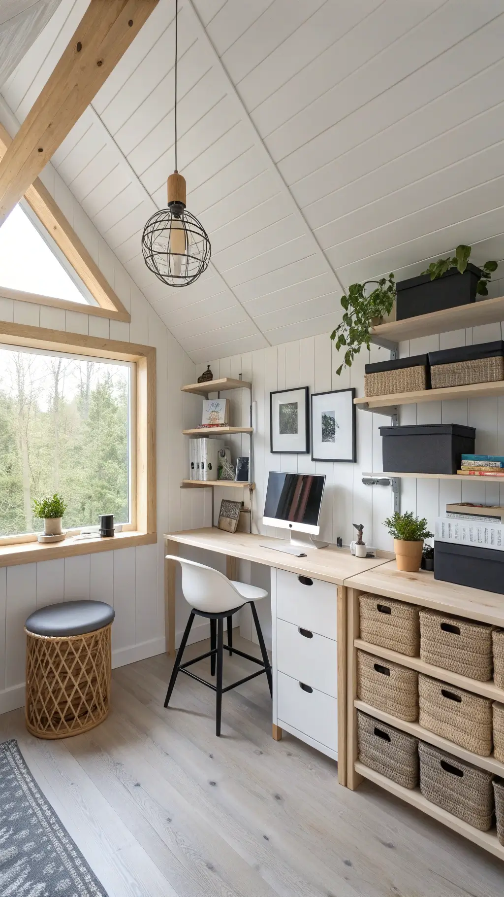 Minimalist cabin loft workspace with floating desk, custom-fit shelf storage, pendant task lighting, and small succulent garden on the windowsill
