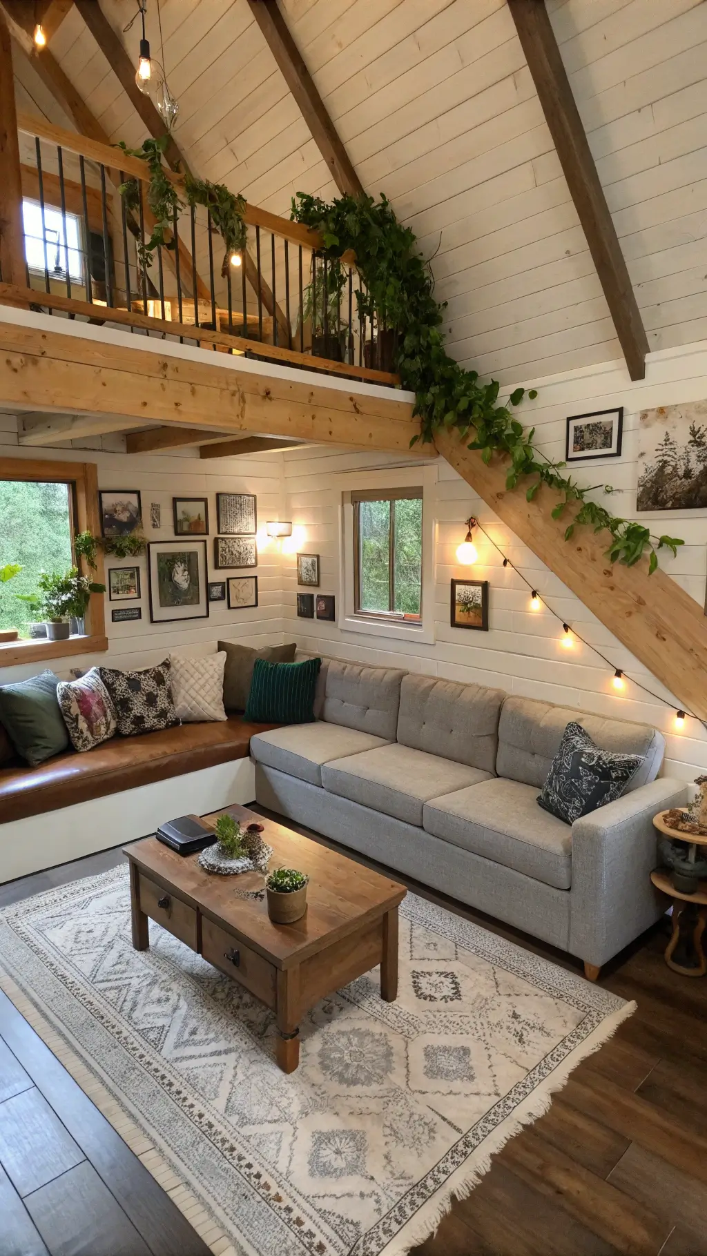 Rustic-modern cabin loft living area featuring L-shaped banquette, live-edge coffee table, vintage leather butterfly chairs, wooden loft rail with hanging plants, mismatched photo frames, ceramic vessel collection, wood beams, white-washed walls, and pops of terracotta and forest green.