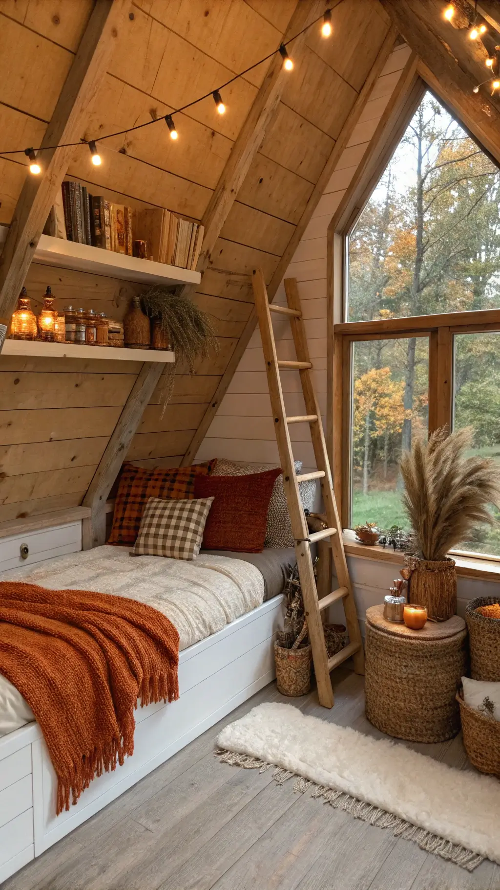 Cozy autumn-styled loft with plaid flannel bedding, knitted pumpkin pillows, faux fur throw, wooden ladder with blankets, dry eucalyptus and wheat in vintage bottles, built-in window seat with storage baskets, and warm copper string lights against a honey-toned wood backdrop.