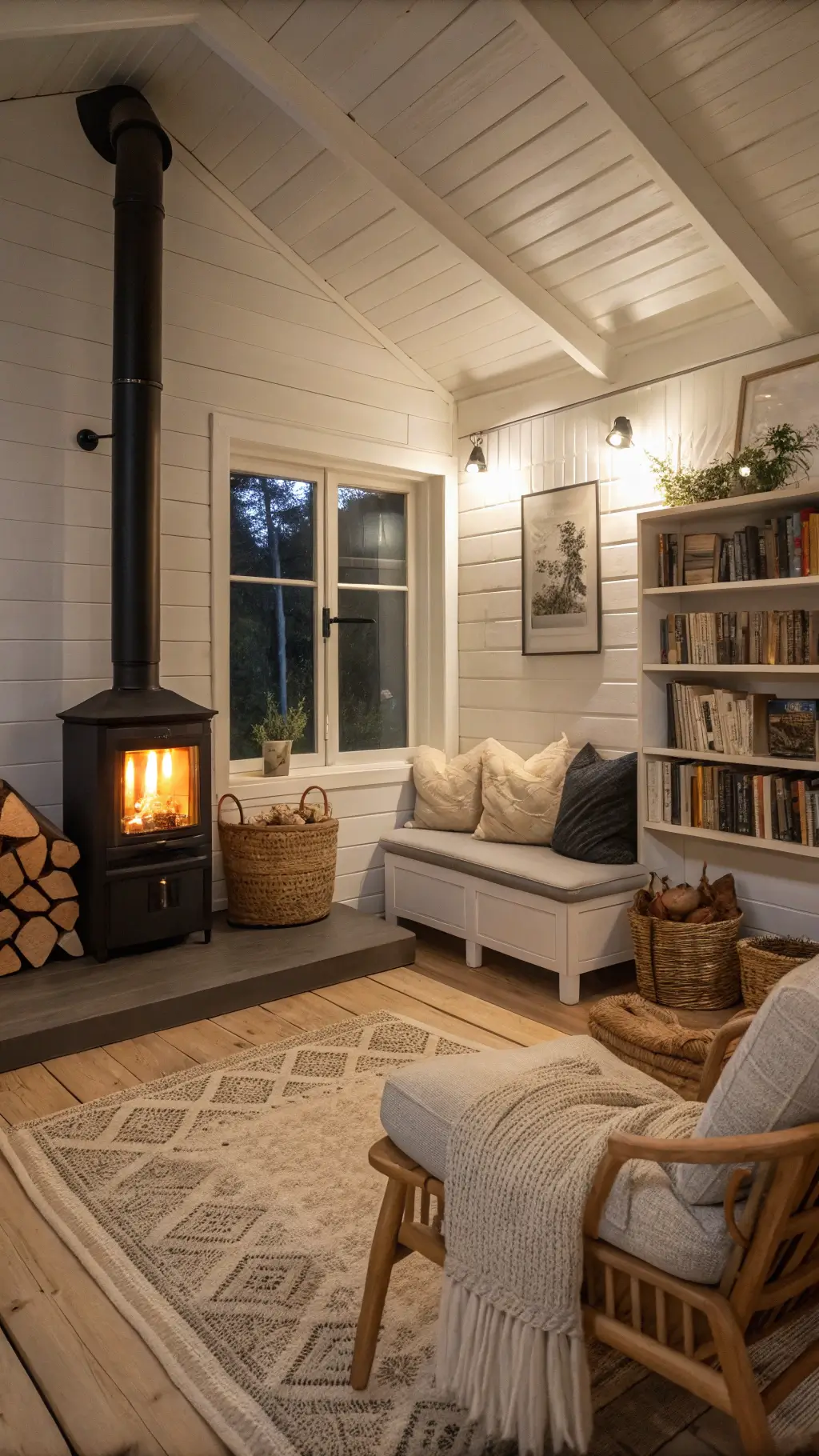 2126nordic cabin evening firelight interior