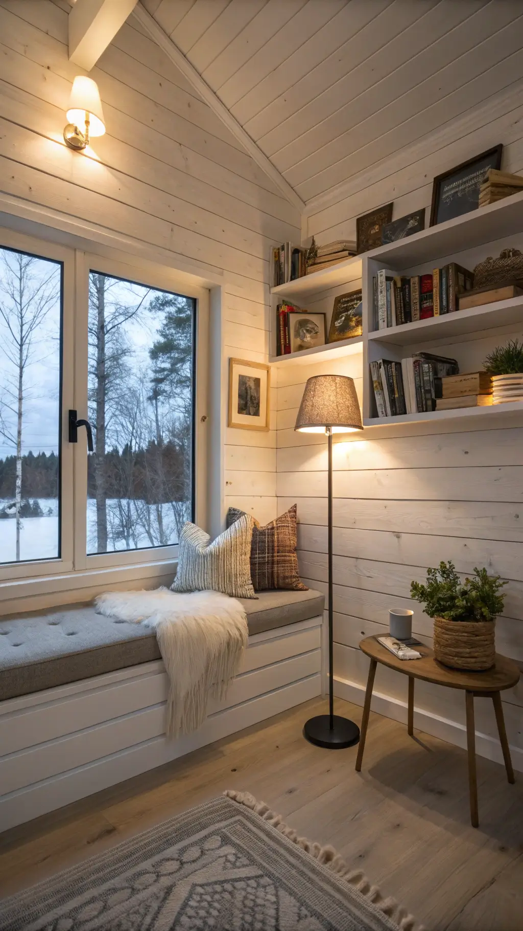 2128nordic cabin reading nook blue hour