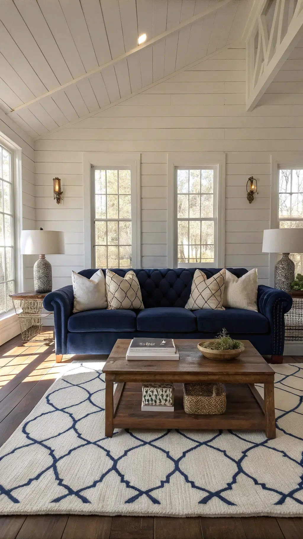 2131navy velvet couch coastal living room golden hour