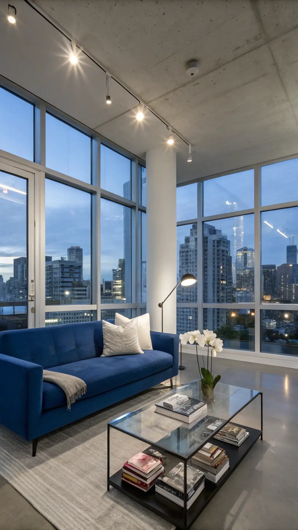 2135modern minimalist cobalt blue couch city view