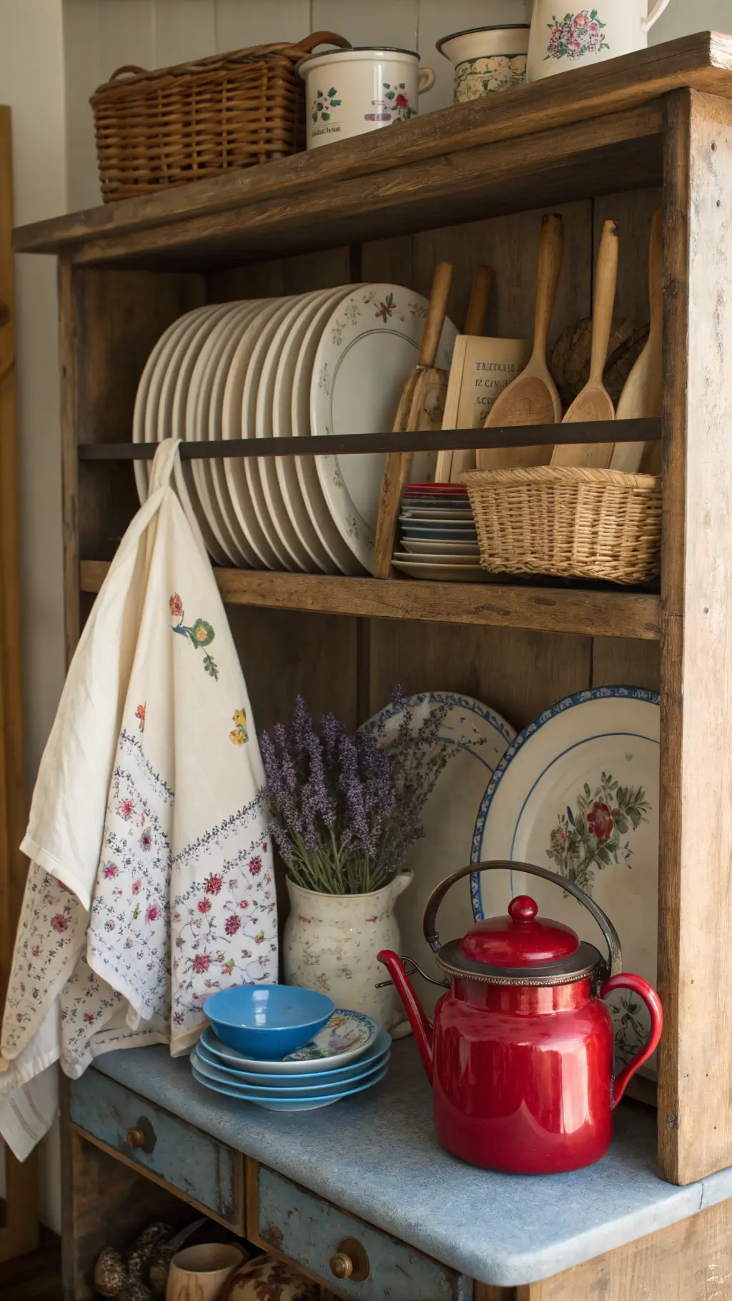 Vintage kitchen corner with wooden baker's rack filled with ironstone plates, vintage cookbooks, dried lavender baskets, and kitchen utensils. Cherry red enamelware coffee pot and cream-colored ceramic mixing bowls in afternoon light.