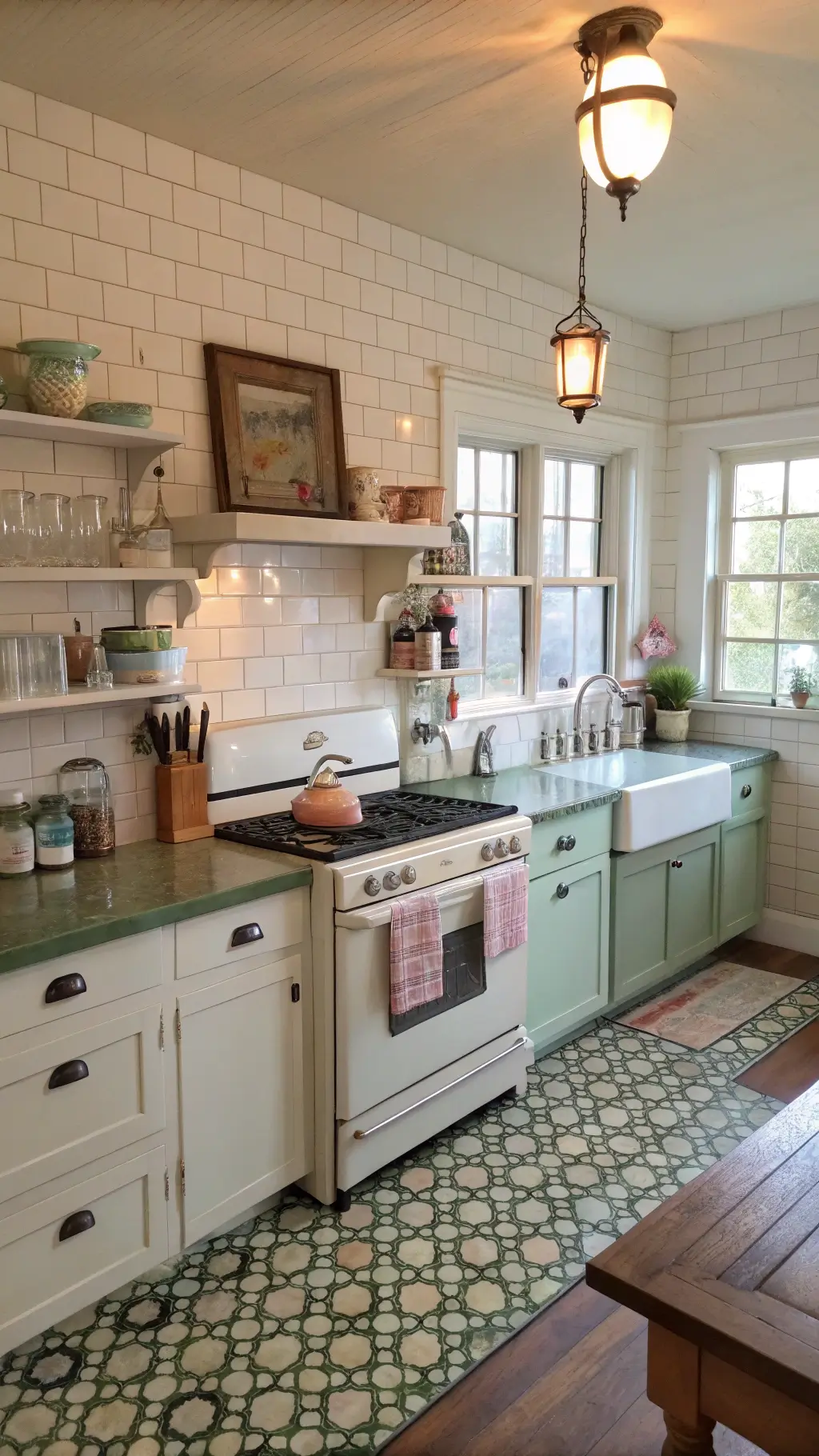 1940s restored kitchen with vintage O'Keefe & Merritt stove, zinc-topped island, and Depression glass on floating shelves, illuminated by soft morning light and mason jar pendant lights