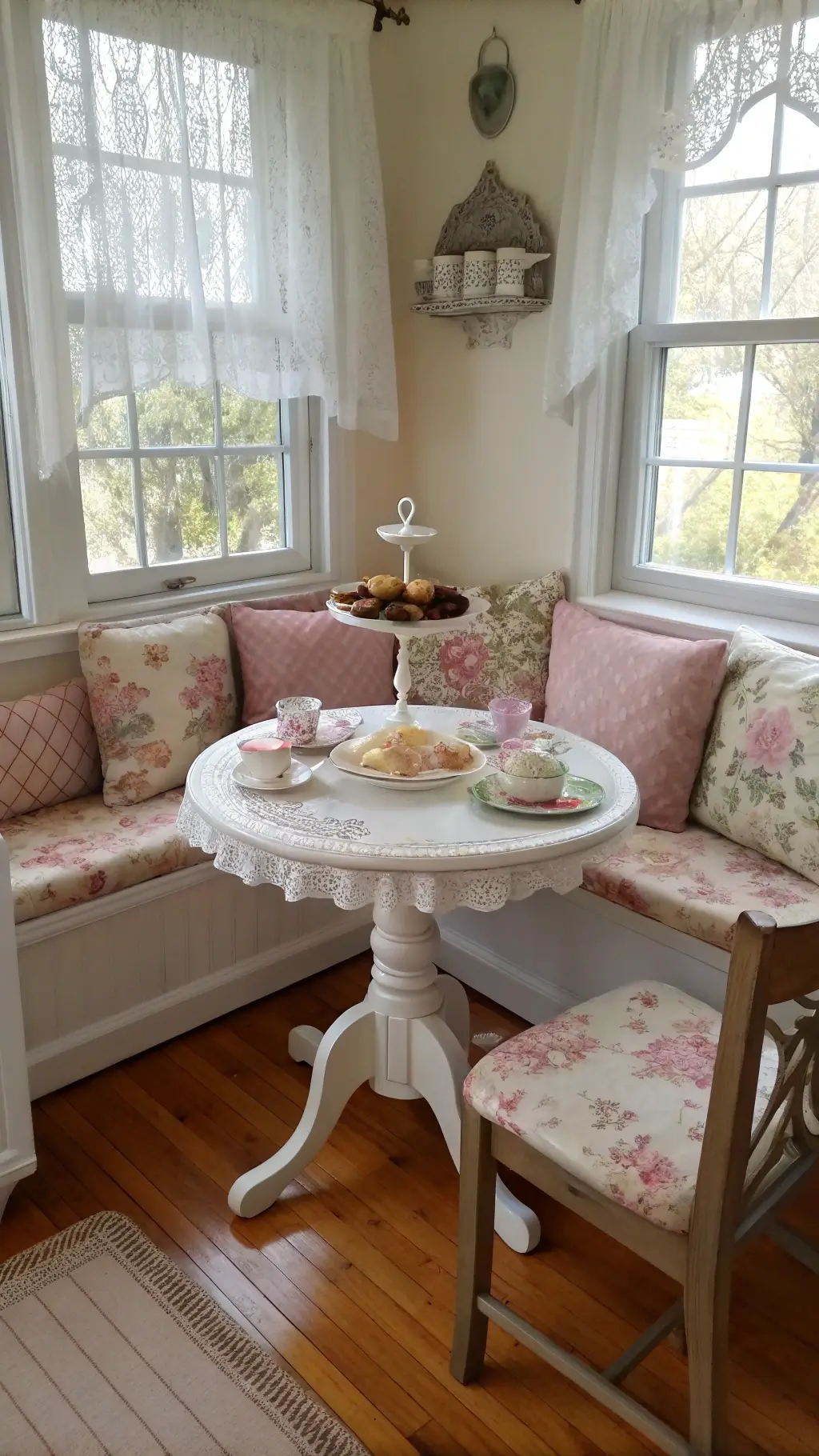 Vintage breakfast nook with built-in banquette seating, hand-embroidered tablecloth, mismatched china plates, fresh scones on a milk glass stand, and teacups hanging by the window filtered through lace curtains.