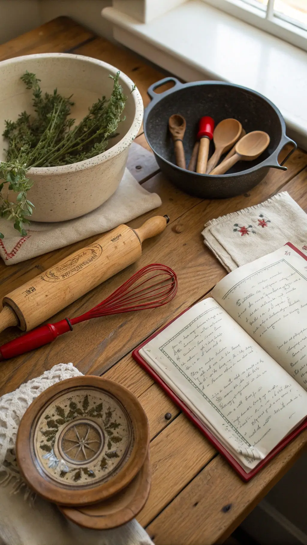 Overhead shot of vintage styled kitchen counter featuring antique utensils, vintage Pyrex bowls, recipe box, cast iron skillet, pot holders, rolling pin, fresh herbs, measuring spoons, and crochet trivets, illuminated by natural light from nearby window