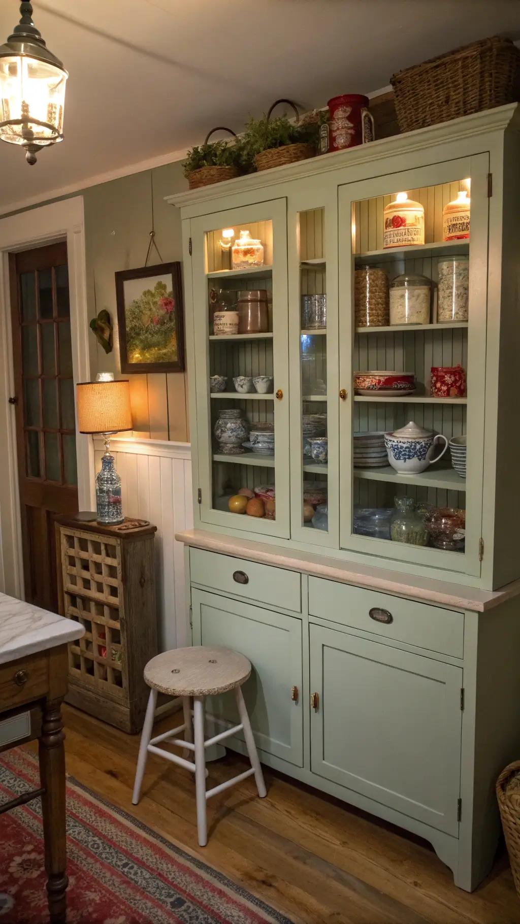 Vintage 1920s kitchen pantry with glass-front cabinets, collections of antique china and glass, and brass hardware under warm lamplight
