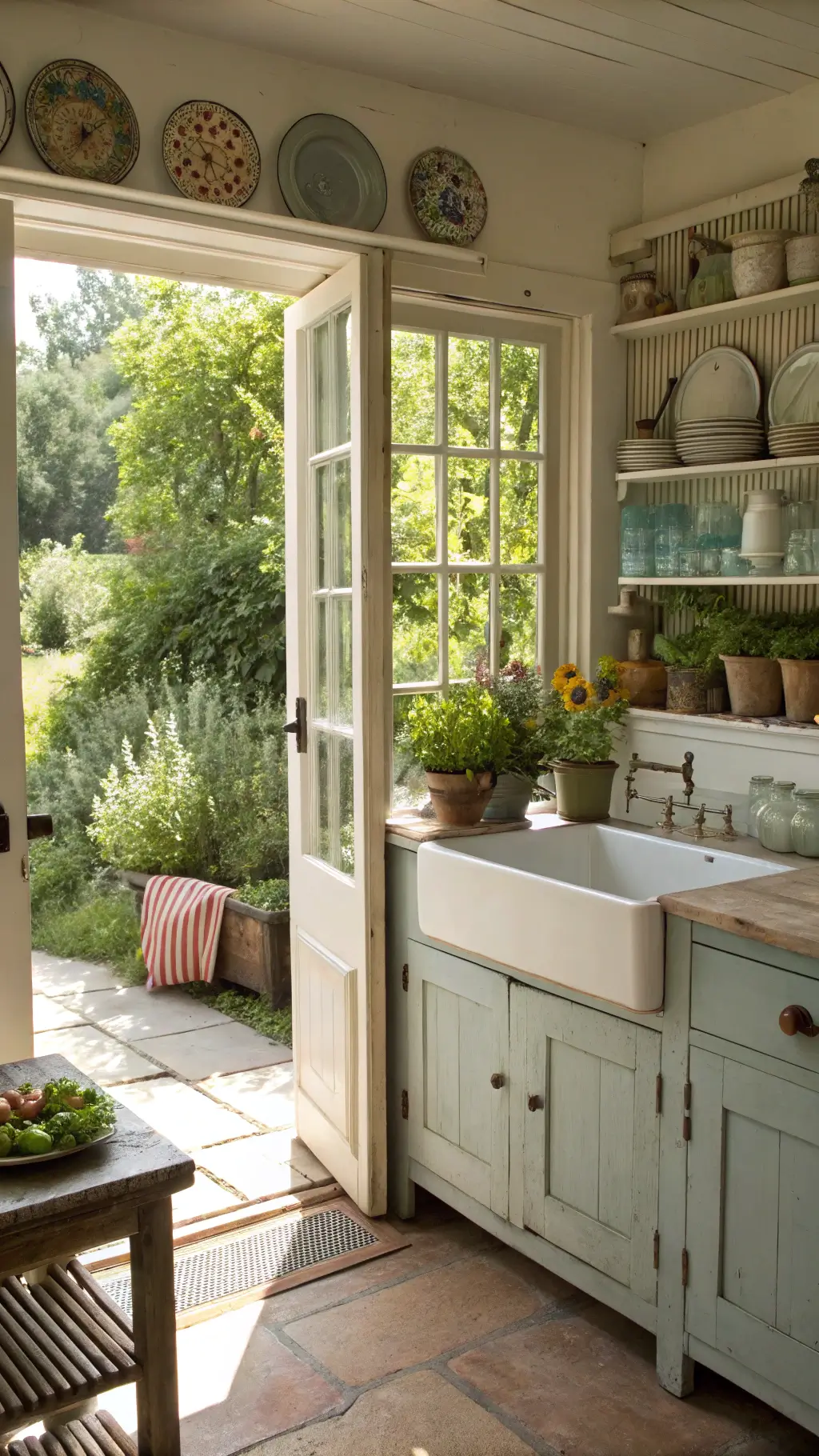 Summer kitchen scene with open French doors to garden, farmhouse sink, vintage dish rack and pie safe, Ball jars of pickles and jams on shelves, and decor details including milk glass vases with wildflowers and striped grain sack pillows on a wooden bench, bathed in natural light.