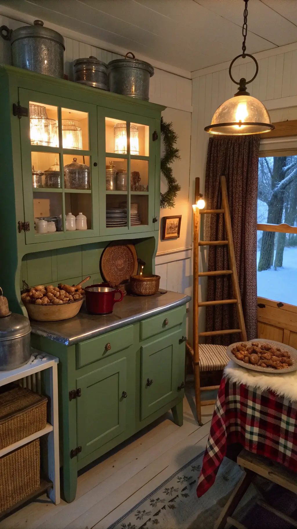 Vintage green Hoosier cabinet, copper kettles, and Christmas cookie tins in a warm, cozy kitchen lit by Edison bulb pendants lending a rich, nostalgic ambiance.