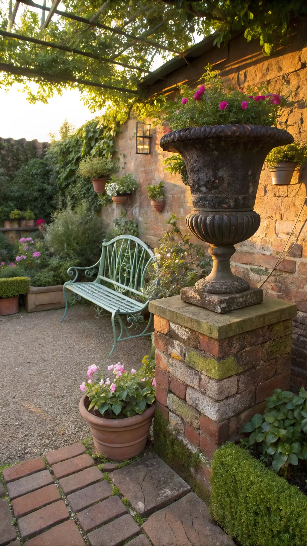 Sunlit vintage cottage garden with a rustic urn centerpiece, wrought iron bench, climbing roses, wisteria pergola, terra cotta pots and old gardening tools