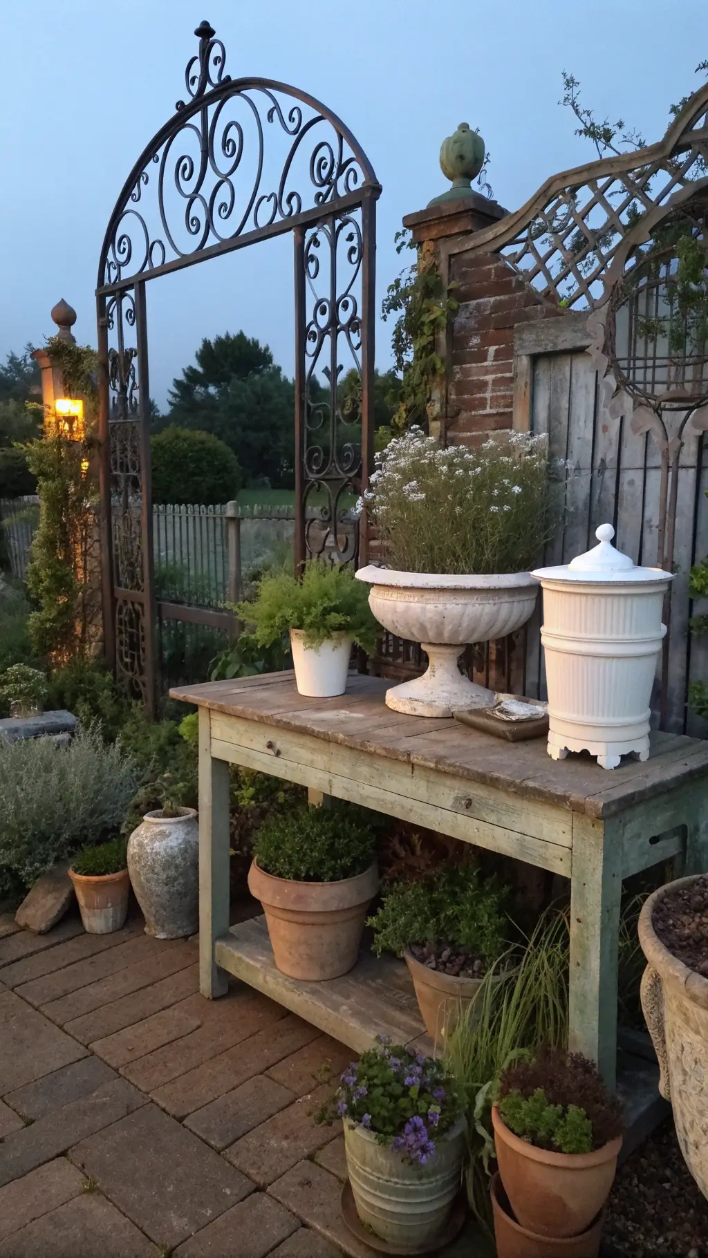 Vintage garden scene during blue hour with ornate Victorian gate, verdigris copper planters with white foxgloves, urns with trailing ivy, terra cotta pots with herbs, moss-covered stone fountain, and warm string lights on a weathered oak potting table.