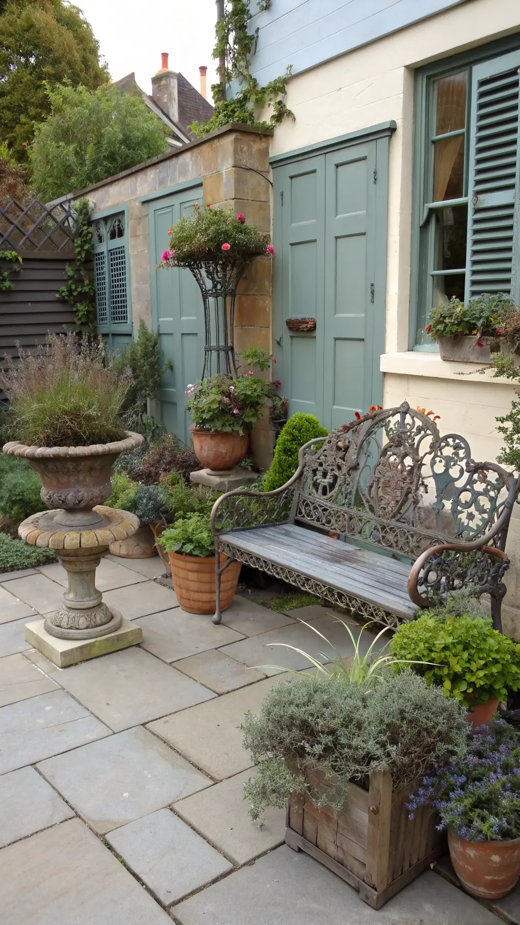 Vintage garden tableau featuring ornate Victorian bench, zinc planters, wooden crates with succulents, terra cotta saucers with thyme, and contrasting textures in a 15x12 foot patio space with soft morning light
