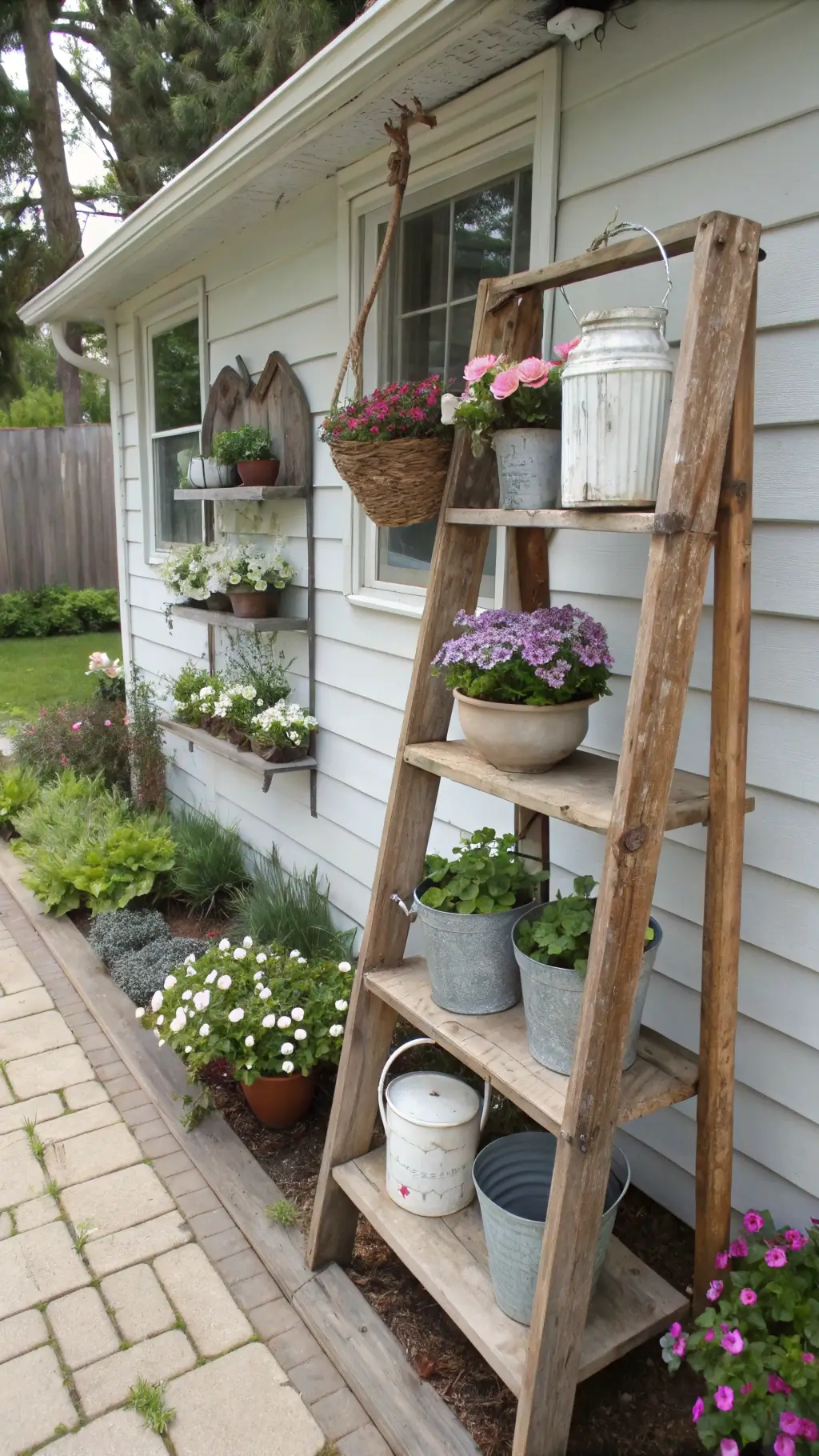 Vintage garden corner with repurposed ladder display, mismatched teacups as planters, hanging mason jars with wildflowers, and weathered colander planter in a soft pastel palette and overcast lighting.