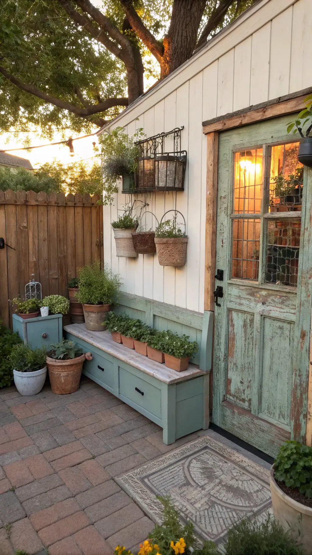 Distressed DIY garden corner at golden hour featuring sage-painted pine bench, weathered terra cotta pots, and patina-treated metal planters with upcycled door vertical garden as focal point.
