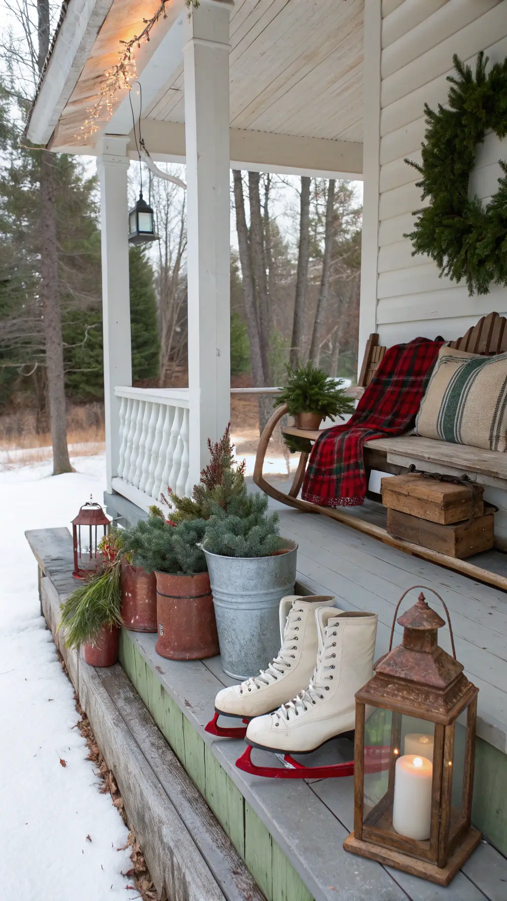 Winter vintage garden tableau on a covered porch with aged sleds, evergreen arrangements, flickering lanterns, and vintage ice skates in a muted winter palette with diffused morning light creating sparkle.