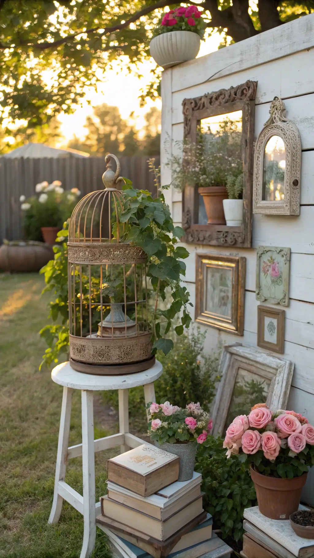 Vintage garden corner with Victorian birdcage planter on a stack of old books, mirrors reflecting sunlight, terra cotta pots with herbs, and string lights on a weathered fence, in a color palette of blush, sage, and creamy white.