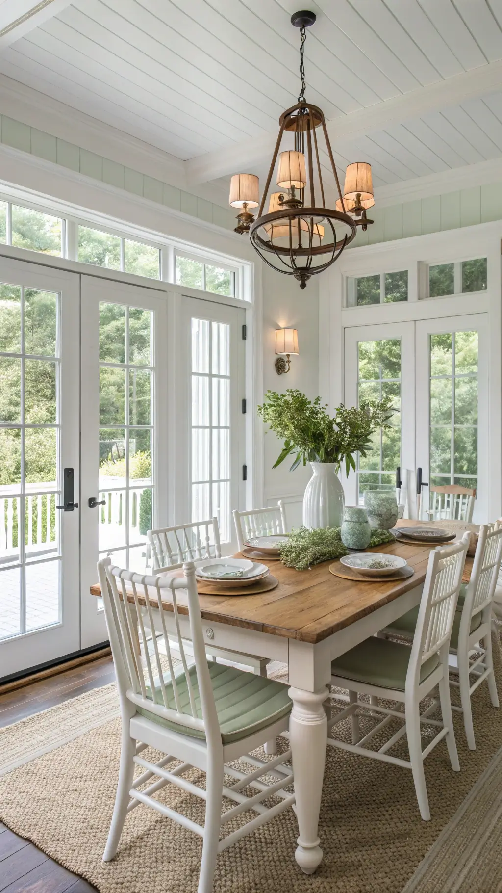 2158farmhouse dining room oak table sage wainscoting