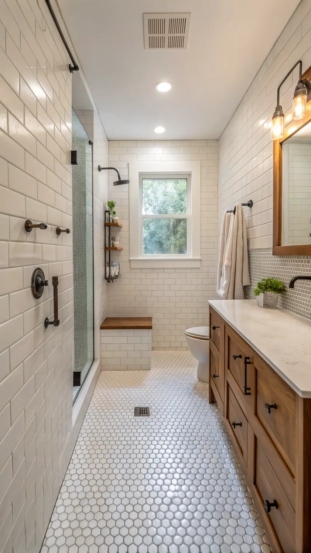 2166narrow galley bathroom doorless shower white penny tiles