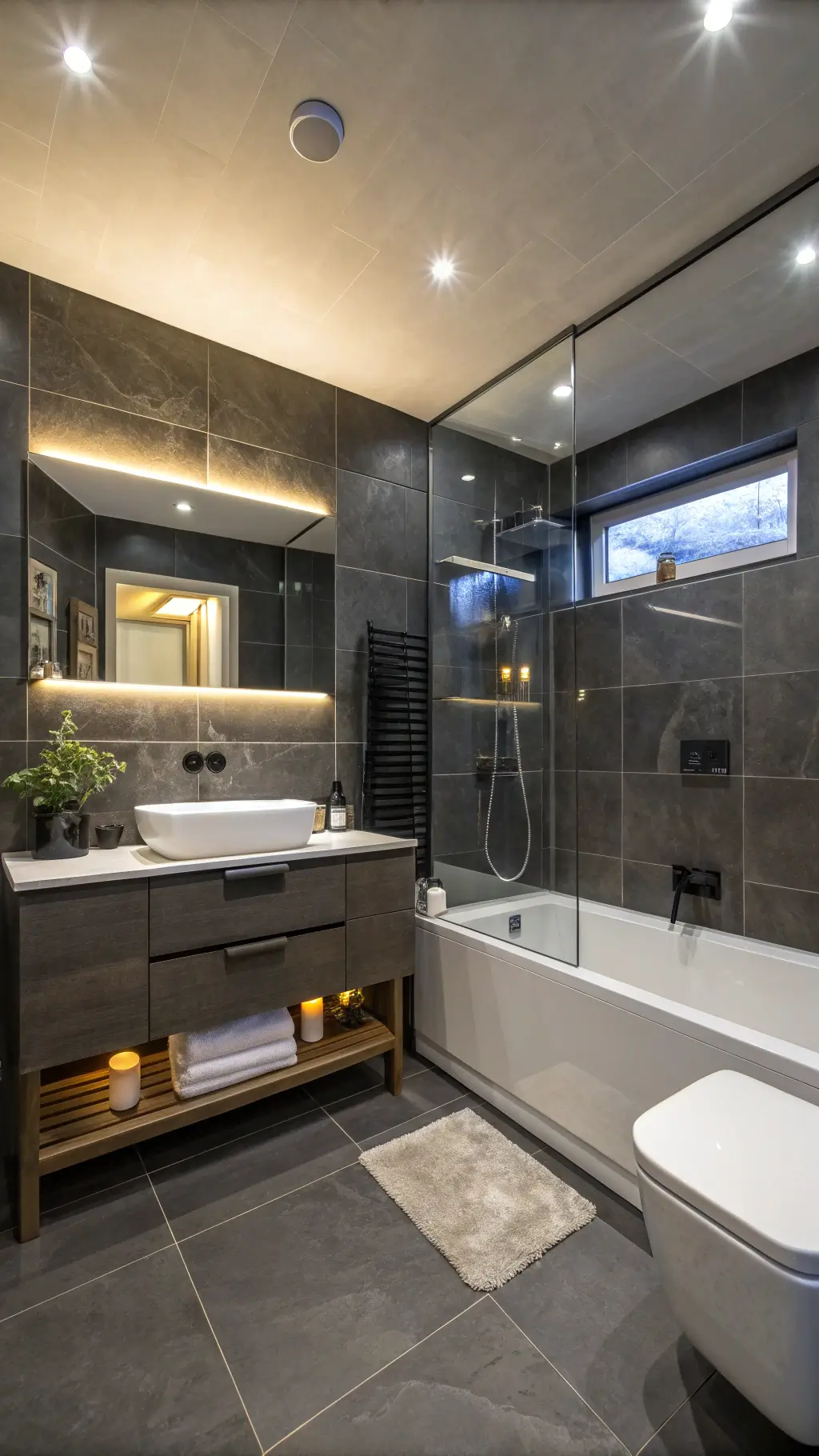 2167luxurious wet room bathroom charcoal tiles evening lighting