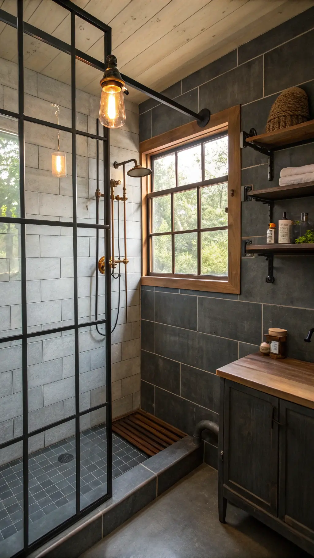 2169industrial chic corner shower exposed copper plumbing