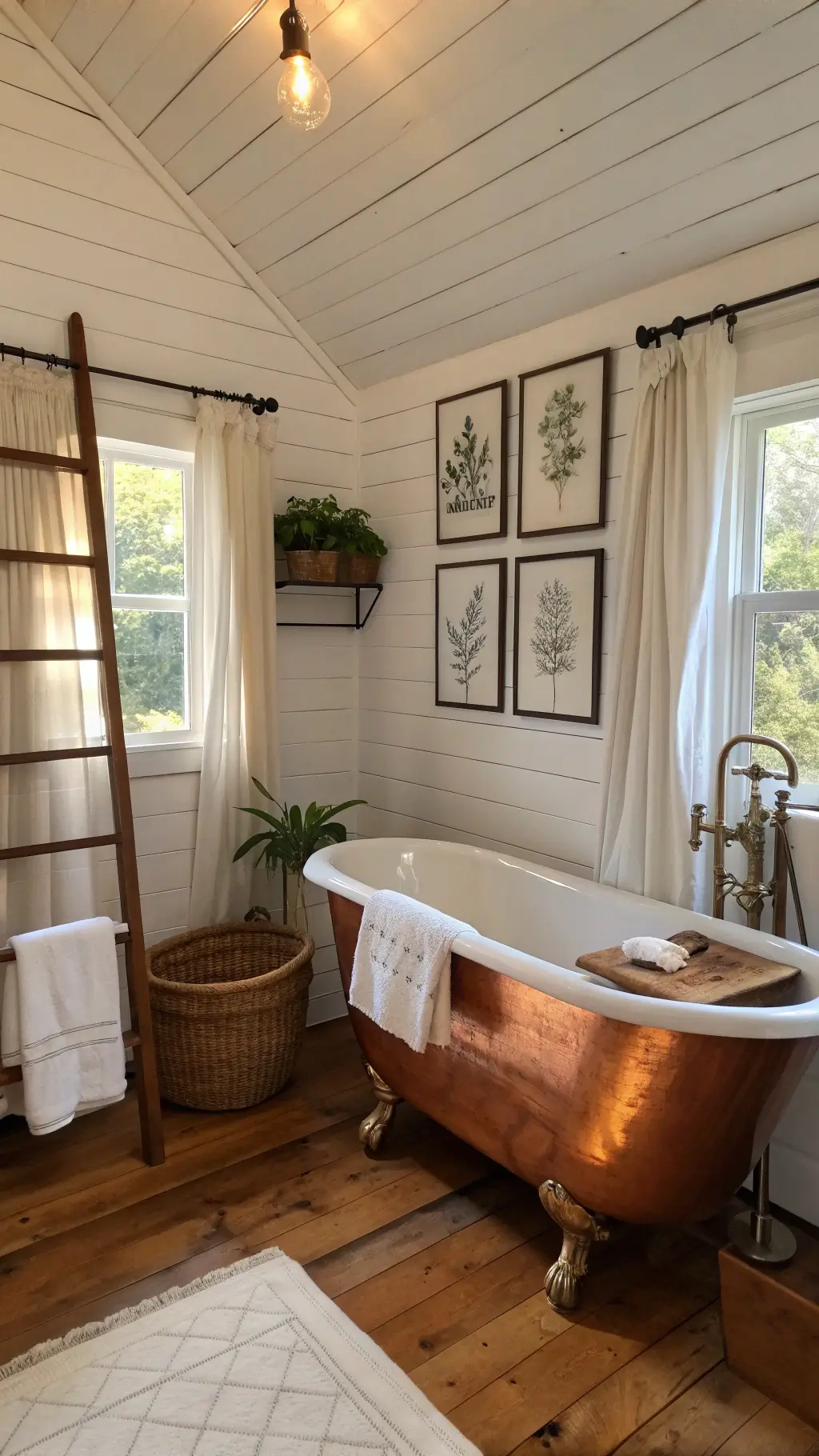 Vintage bathroom interior with a copper clawfoot tub, white shiplap walls, hardwood floors, botanical prints gallery wall, a ladder with towels, and a sink with antique brass faucets, highlighted by late afternoon light filtering through sheer linen curtains.