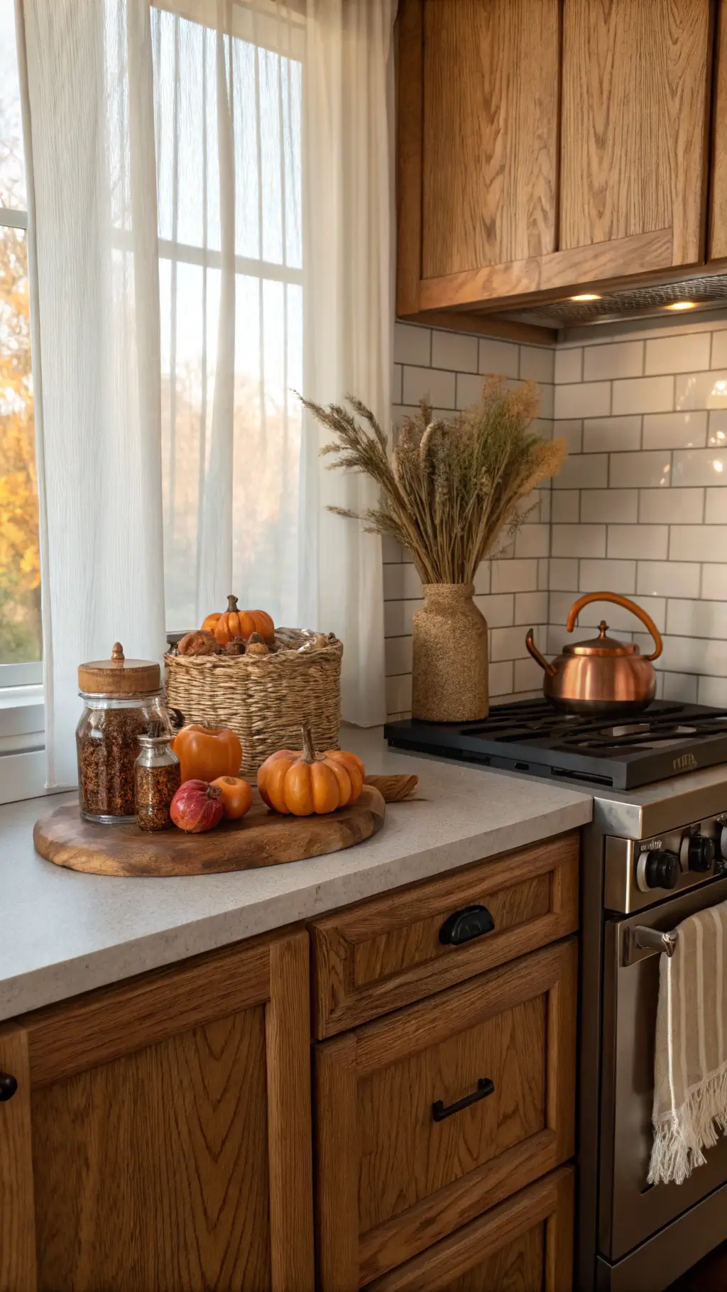 2189autumn breakfast nook oak cabinets golden hour