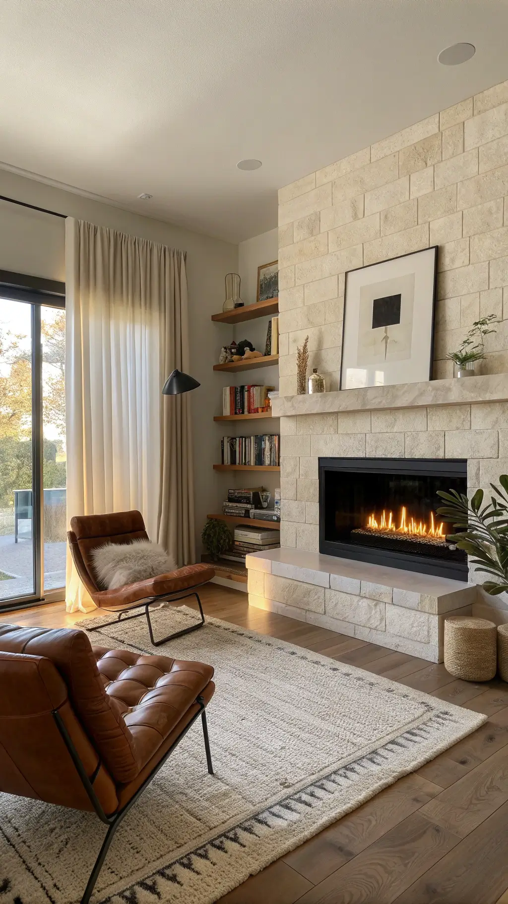 2195sophisticated limestone fireplace living room golden hour
