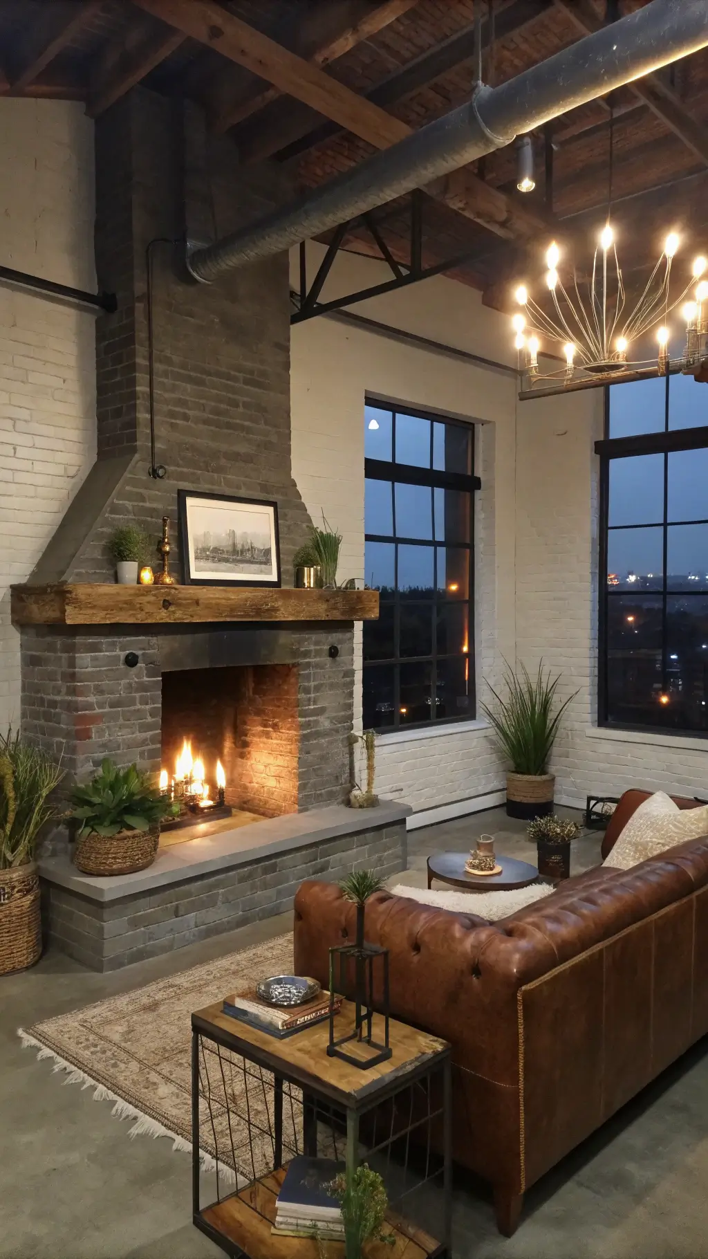 2201industrial chic corner fireplace loft twilight