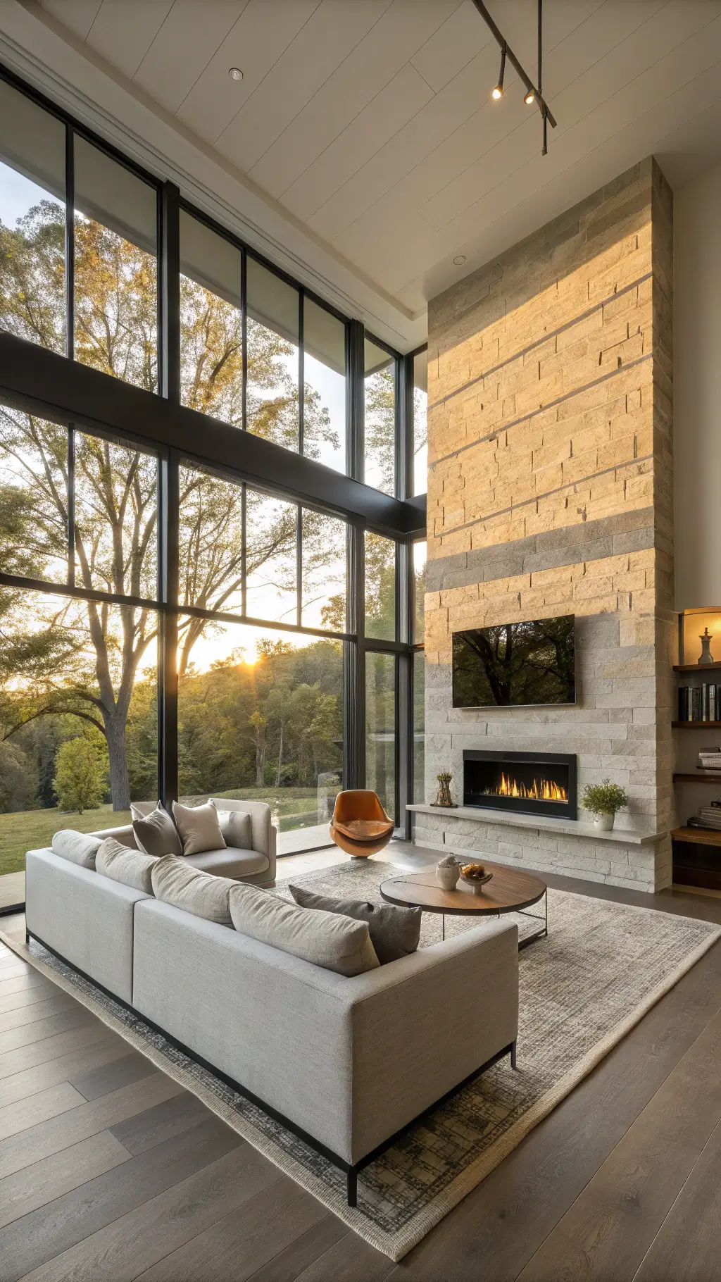 2203contemporary living room golden hour linear fireplace