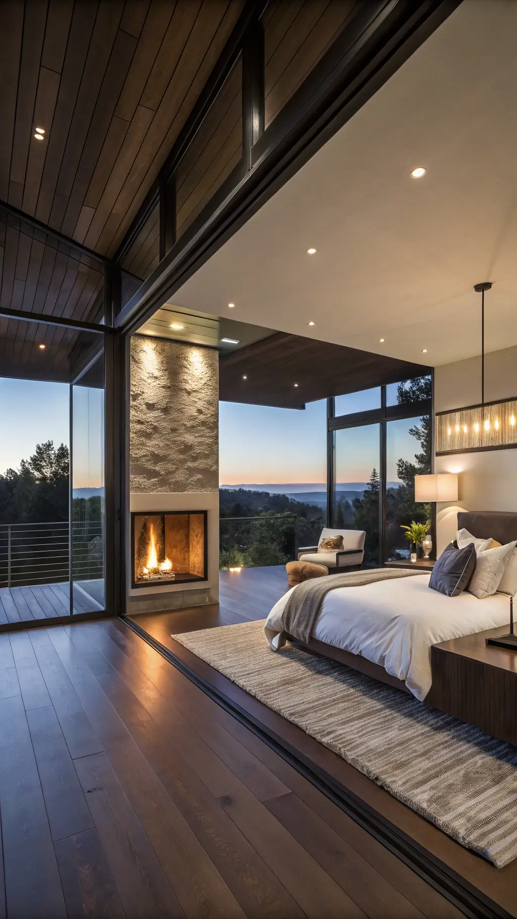 2204master bedroom glass fireplace blue hour