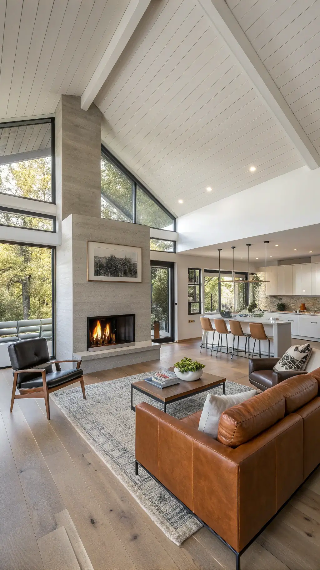 2205modern great room peninsula fireplace morning light