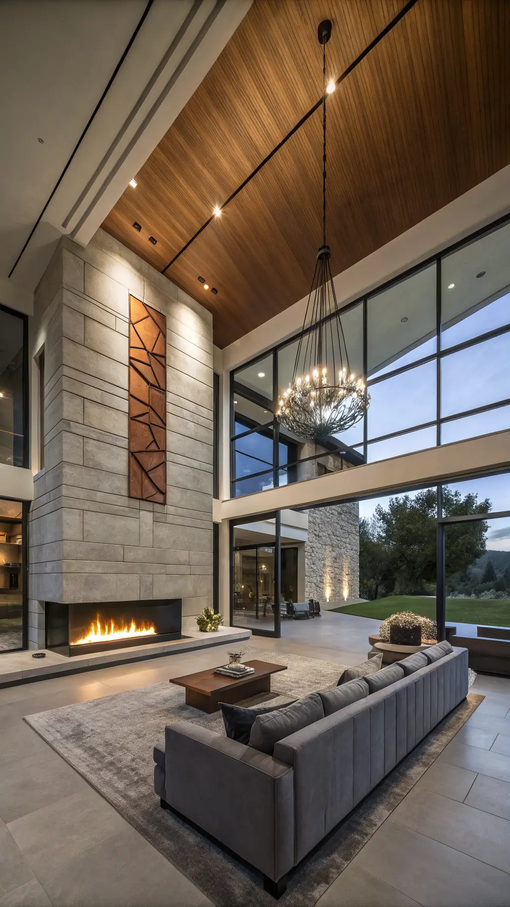 2207contemporary floating fireplace living room dusk