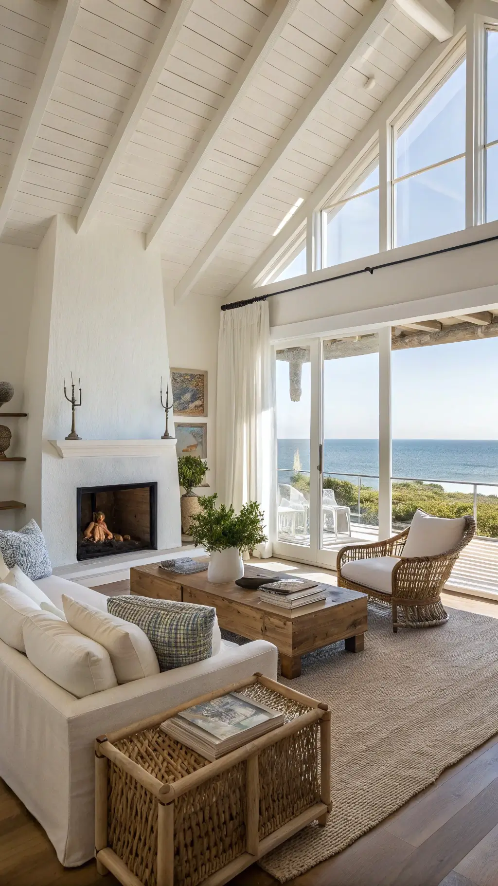 Bright, modern coastal living room with a two-sided fireplace, natural linen sofas, seagrass chairs, and ocean view framed by oversized windows.