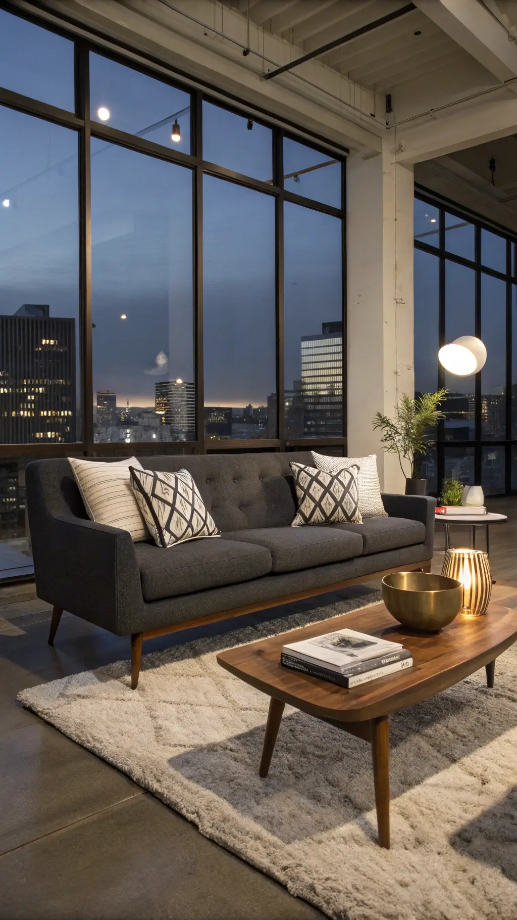 2213minimalist living room charcoal couch cityscape dusk
