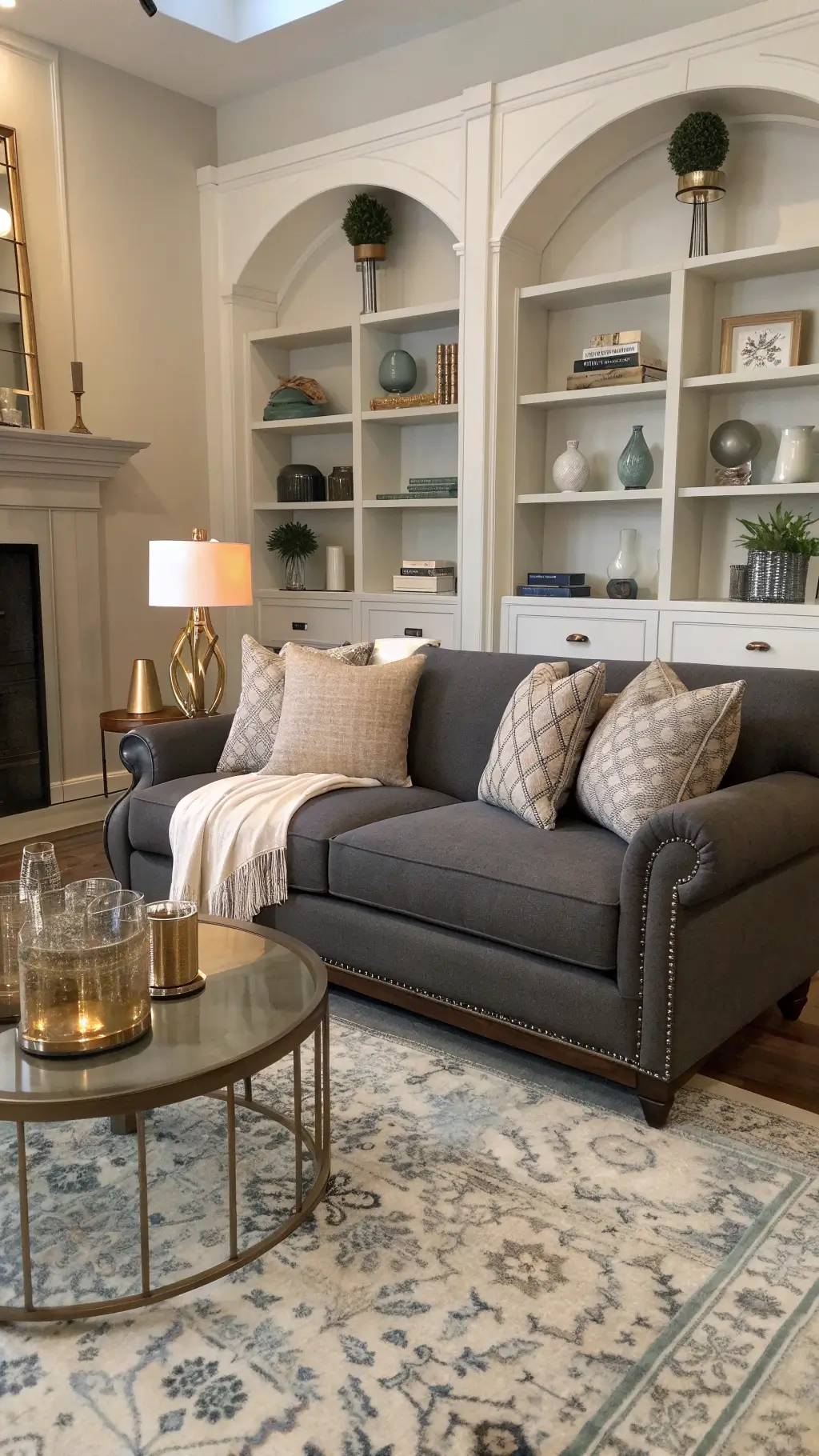 2217transitional living room charcoal sofa golden hour