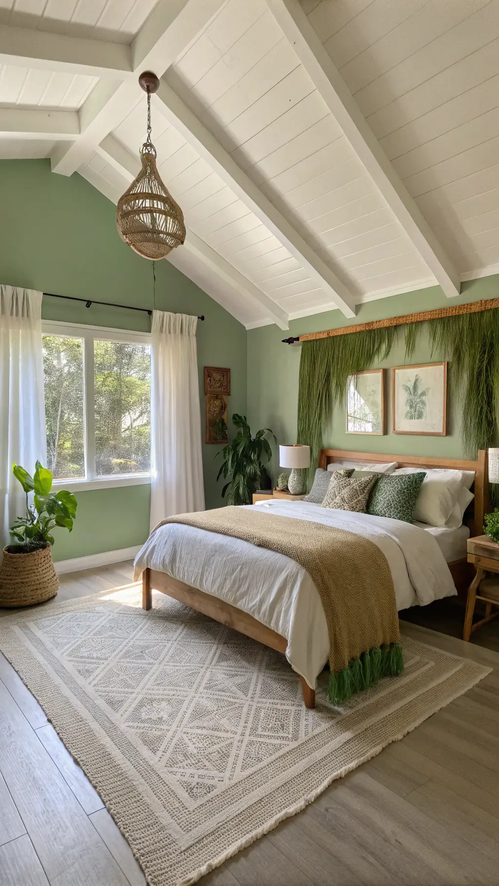 2219serene green boho bedroom golden hour