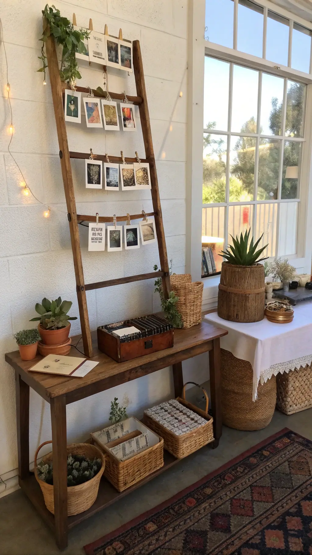 Whimsical wedding gift and guestbook station featuring a vintage ladder with polaroid photos, leather-bound journals on a distressed table, favor bags of local honey, potted succulents, and antique picture frames on a Turkish rug, all under warm afternoon light.