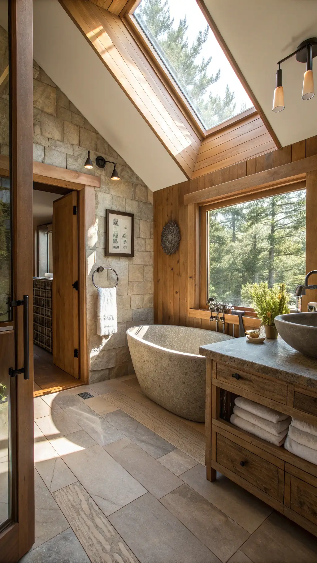 2285rustic bathroom granite tub natural light