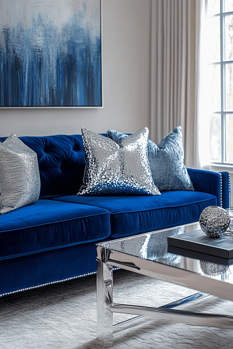 29 sleek silver details blue sofa