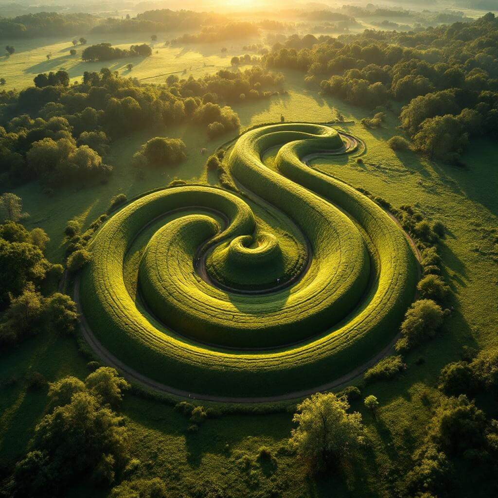 Aerial view of serpent-shaped ancient earthwork sprawling through lush greenery during golden hour