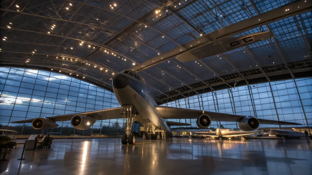 "Dramatic wide-angle view of the National U.S. Air Force Museum featuring a hanging B-52 Stratofortress, other historic aircraft, and modern architecture against blue twilight, with visitors for scale."