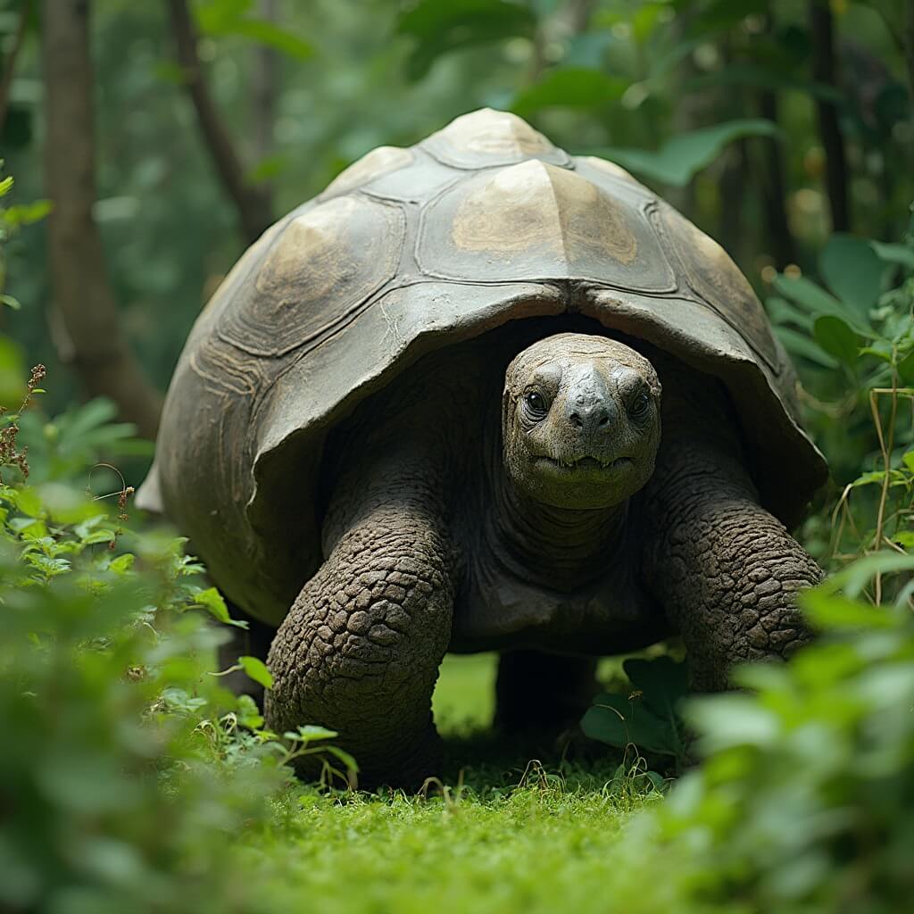 Aldabra giant tortoise wandering in Vallée de Mai forest on Praslin island amidst dense tropical foliage